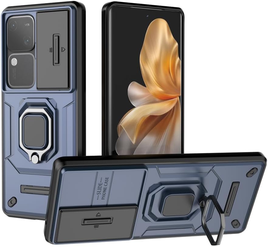 Compatible with Vivo V30 Pro 5G Bracket Shell,Compatible with Vivo S18 5G Case,with Slide Camera Lens Cover Compatible with Vivo V30 5G V2318 / V30 Pro 5G V2319 Case Blue