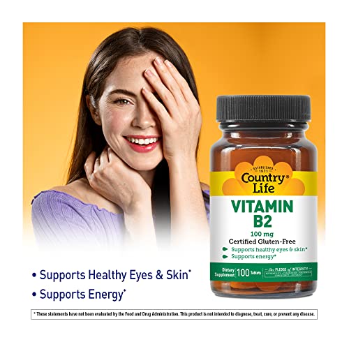 Country Life Vitamin B-2, Supports Health Eyes & Skin And Energy, 100Mg, 100 Tablets, Certified Gluten Free, Certified Vegan, Certified Halal #TOP3