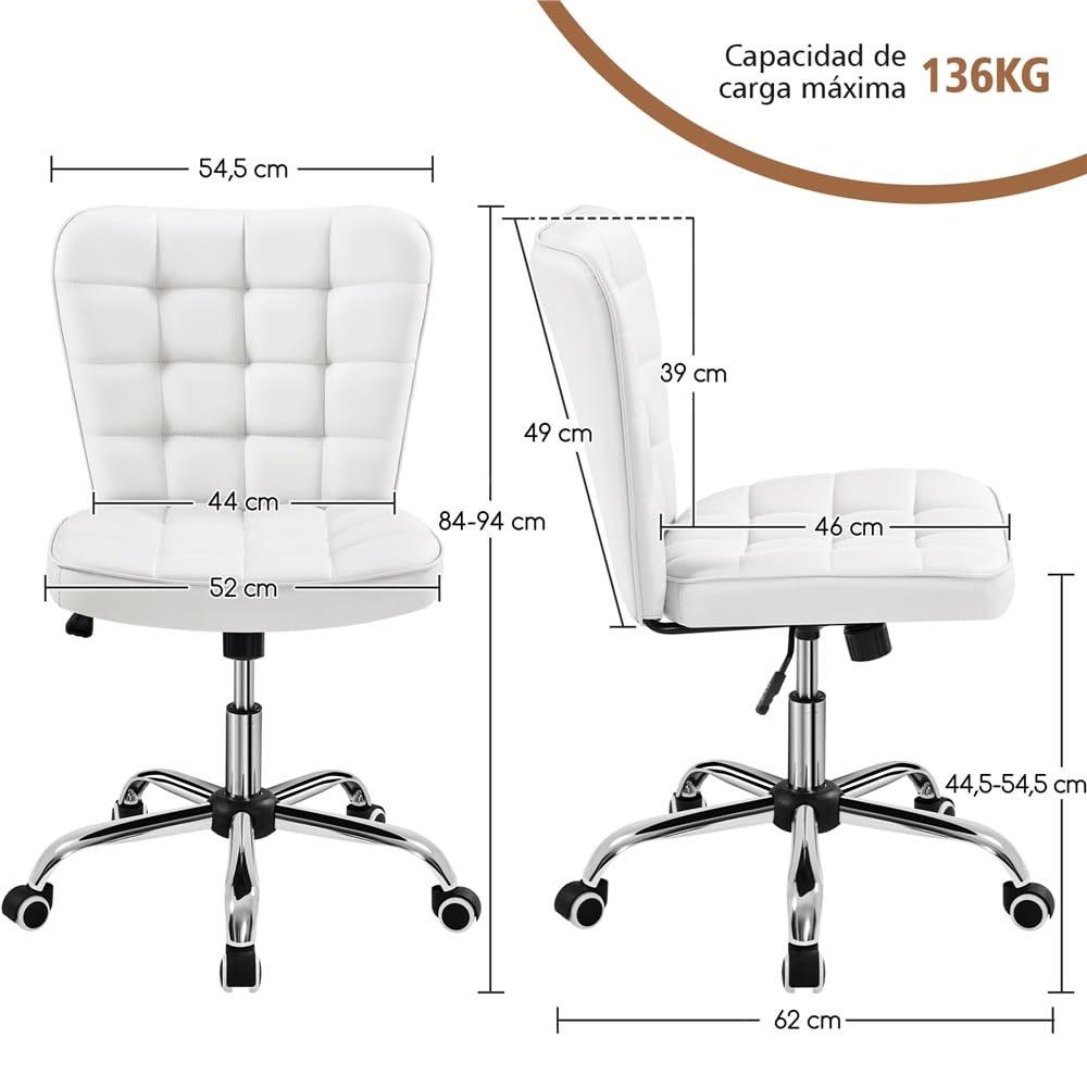 Yaheetech Silla de Oficina sin Reposabrazo Silla Oficina Tapizada de Cuero PU Silla con Ruedas Silla Ergonomica Base Metal Blanca