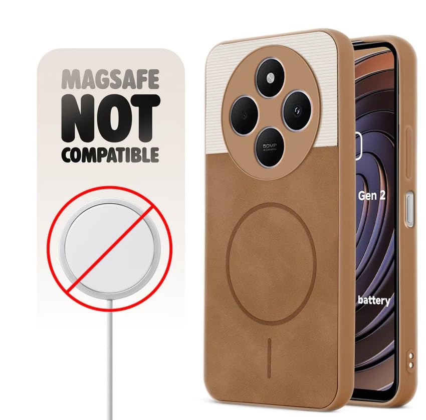 Image of Bintage CASE Mac Safe Design Hard Light Weight Back Case | Soft Border Camera Protect | Dual PU Leather Finish Back Cover Compatible for Poco M7 / Redmi 14C 5G - White & Brown