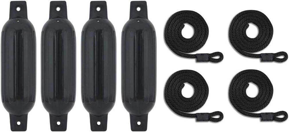 Mad Dog Products Boat Fenders Four Pack with Fender Lines | 6.5 Inch x 23 Inch |Black
