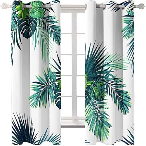 PVMLVM Rideaux Occultants Chambre 3D Feuilles Vertes Tropicales Imprimé Rideau À Oeillets, Salon Et Chambre Enfant Décoration De Fenêtre 140x160cm 2 Panneaux Isolant Thermique Et Phonique Rideaux