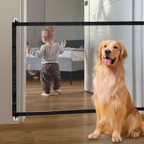 2 Stück Absperrgitter Hund Treppenschutzgitter Ohne Bohren, Treppenschutzgitter Ausziehbar, Türschutzgitter Ohne Bohren 110×70CM, mit 8 Klebehaken, geeignet für den Innen- und Außenbereich