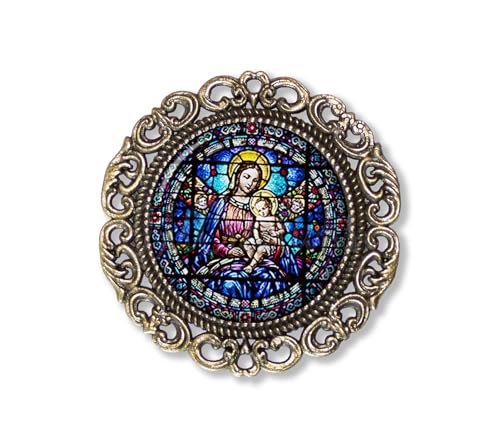 Lovely FAUX Stained Glass Style Mary and Jesus Religious Spiritual Handmade Round Glass Baroque Style BROOCH or Pin Jewelry (Antique Bronze)