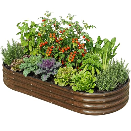 Image of SnugNiture 6x3x1ft Raised Garden Bed Kit, Outdoor Oval Metal Garden Planter, Ground Planter Box for Gardening Vegetables Flowers, Brown