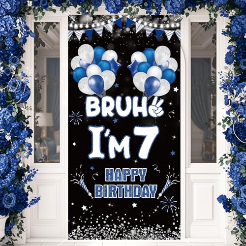 7th Birthday Decorations Door Cover Banner for Boys Blue White Bruh I'm 7 Birthday Backdrop for Girls 7 Year Old Birthday Party Decorations Supplies Decor Background Photo Props Outside Inside