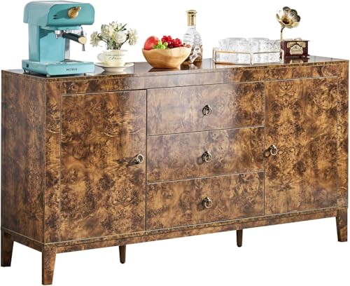 AMERLIFE 60" Large High Gloss Burl Buffet Sideboard Cabinet, Wood Sideboard Storage Cabinet with Drawers, Retro Handles, Heavy Duty Coffee Wine Bar Buffet Table for Dining Room, Living Room, Brown