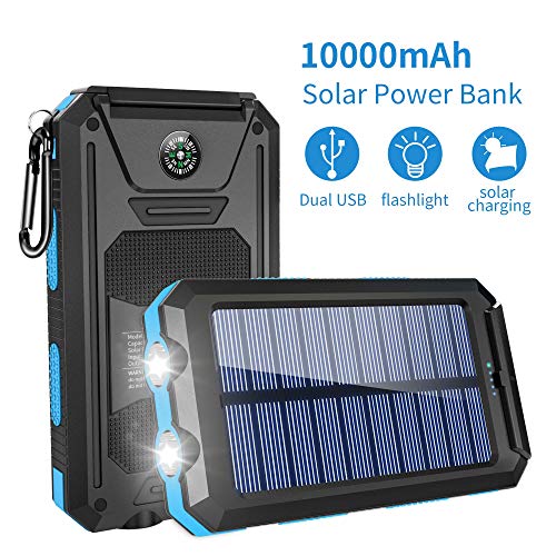 Solar Charger,10000mAh Solar Power Bank Portable External Backup Battery Pack Dual USB Solar Phone Charger with 2LED Light Carabiner and Compass for Your Smartphones (Dark Blue)