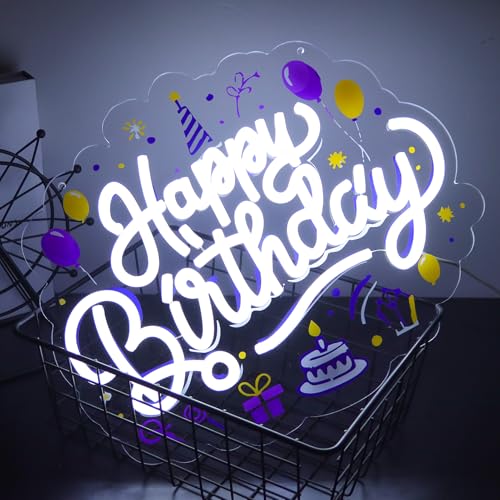 Image of Happy Birthday Neon Sign LED Happy Birthday Light Up Sign Wall Decor for Birthday Party Backdrop Cake Tables Room Gift Art for Boys Girls-14.57 x 12.2 IN-Dimmable USB Powered-Acrylic
