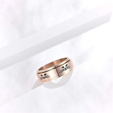 8MM Fashion Stainless Steel Cute Kitty Spinner Ring for Men Women Silver Promise Rings Band Cat Face Engraved