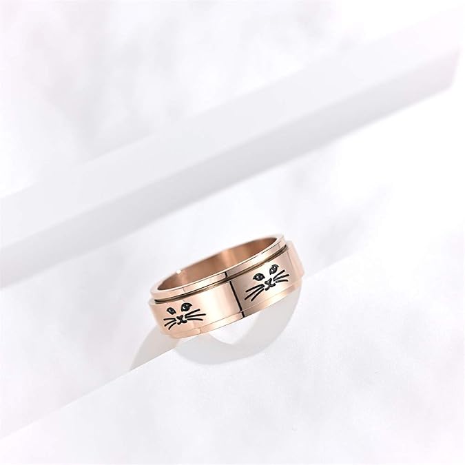 8MM Fashion Stainless Steel Cute Kitty Spinner Ring for Men Women Silver Promise Rings Band Cat Face Engraved