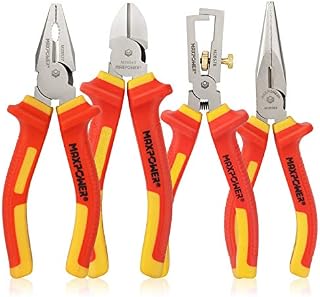 VDE Pliers Set 1000V, MAXPOWER 4PCs Electricians Pliers Set Included Insulated Combination Pliers, Diagonal Cutting Pliers, Long Nose Pliers Pliers and Insulated Wire Stripper