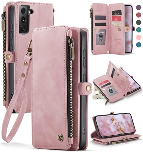 Defencase Compatible with Samsung Galaxy S21 5G Case Wallet with RFID Blocking Card Holder for Women Men PU Leather Magnetic Snap Flip Zipper Strap Wallet Phone Case Fit for Galaxy S21 5G 6.2 Pink