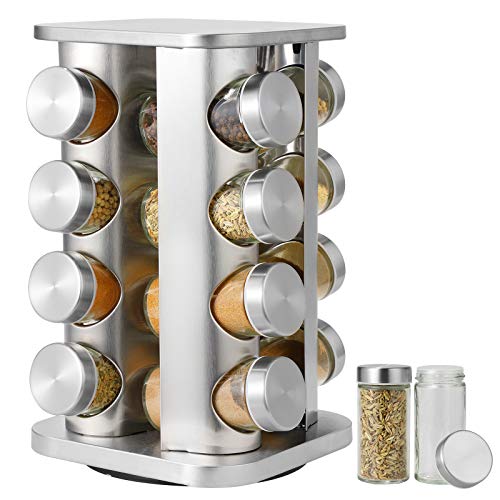 Spice Rack,16-Jar Revolving Countertop Spice Tower,Stainless Steel Spice Organizer,Seasoning Storage Organization with 16 Empty Glass Spice Jars, Free Standing Spice Storage Organiser for Kitchen