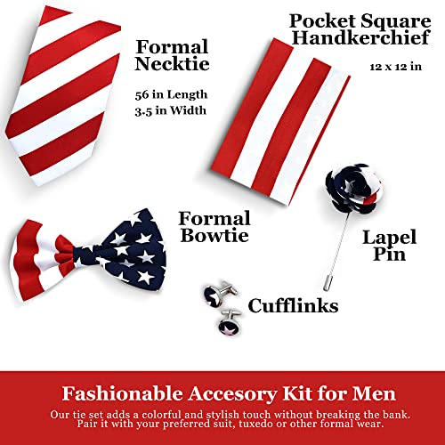 Oliver George - 5Pc Men’s Gift Box Set, Formal Necktie, Bow Tie, Lapel Pin, Cufflinks And Handkerchief For Suit Or Tuxedo Vest, Matching Tie Set For Weddings And Special Gatherings, American Flag #TOP6