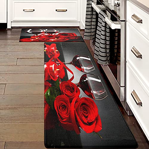 Fnlndo Red Wine Kitchen Rugs And Mats Set Of 2 Modern Rose Anti Fatigue Kitchen Floor Mat Non-Skid Washable Kitchen Runner Rug For Kitchen Sink Laundry (Red, 17.5"X29.5"+17.5"X47") #TOP5