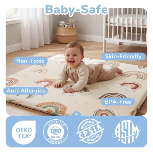 Image of 1.5 inch Extra Thick Baby Play Mat, 50x50 Memory Foam Play Mat, Rainbow | Ultra Soft, Non-Slip Backing, Water-Repellent, Skin-Friendly for Baby, Padded Cushioned, Tummy Time Crawling for Nursery
