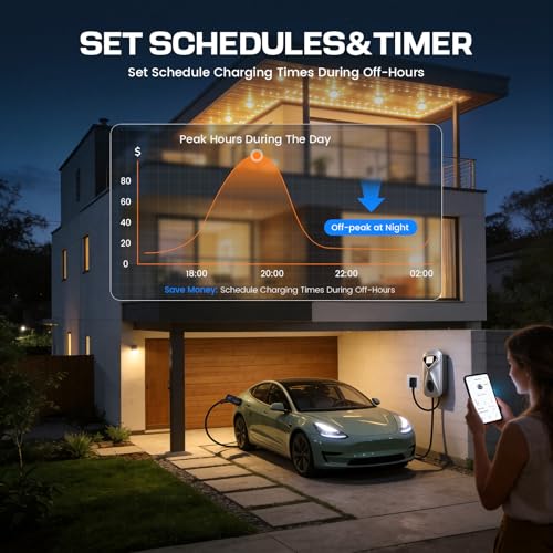 Image of Level 2 EV Charger 50 Amp Hardwired, 48 Miles Range /Hour Smart Electric Vehicle Charging Station with WiFi App, 25ft Cable, RFID & LCD Display, J1772 & Tesla Adapter, 120V Indoor /Outdoor(Silver)