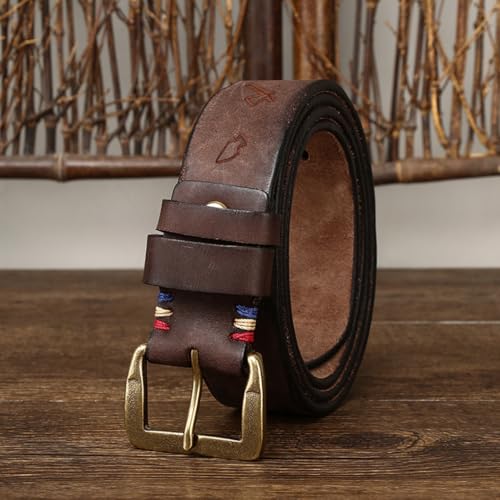 Men Durable Full Grain Leather Classic Belt,Engraved Vintage Pattern W/Rugged Antique Solid Brass Hardware Buckle4