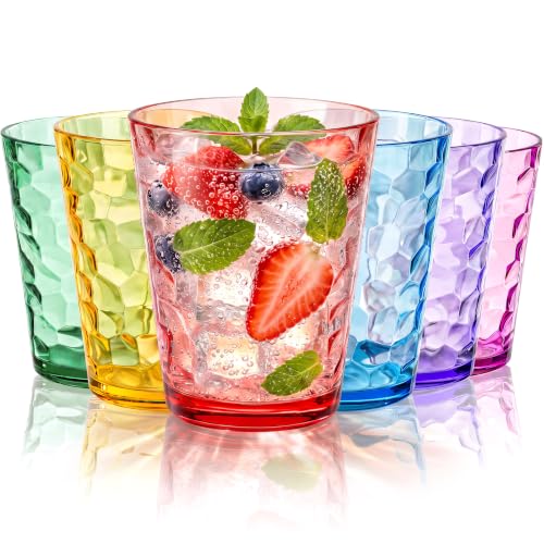 Bravario Hammered Multicolor Plastic Cups Set of 6, 16 oz Translucent Plastic Drinking Glasses, Stackable Dishwasher Safe Tumblers
