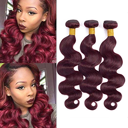 Peruvian Body Wave 99j Red Wine Color 3 Bundles Burgundy Virgin Human Hair Weave 100% Unprocessed Human Virgin Hair Body Wave 100g/Bundles (20‘’22‘’24‘’)