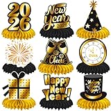 Happy New Year Honeycomb Centerpieces 2026 New Year's Eve Table Decorations 12Pcs New Year Theme Party Supplies Black and Gold Cheers to 2026 Centerpieces for Countdown Party Decor