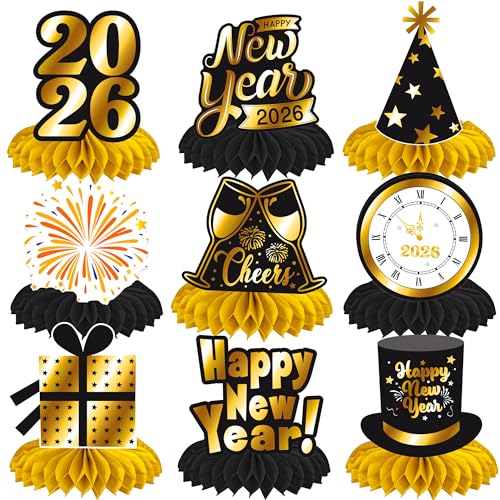 Happy New Year Honeycomb Centerpieces 2026 New Year's Eve Table Decorations 12Pcs New Year Theme Party Supplies Black and Gold Cheers to 2026 Centerpieces for Countdown Party Decor