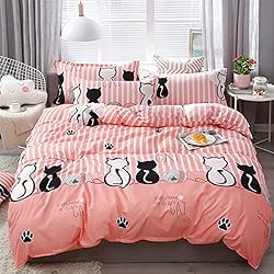 Colcha Gatos Enhome Juego de Ropa de Cama de 4 Piezas, Impresión Microfibra Cómodo Juego de Fundas de Edredón con Funda Nórdica y Funda de Almohada y Sábana Encimera (Cama 90-150x200cm,Gato Pareja)