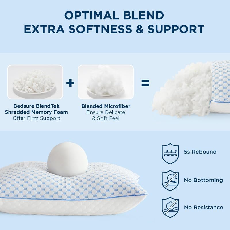 Bedsure Cooling Bed Pillows for Sleeping, Shredded Memory Foam Queen Pillows, Set of 2, Luxury Cover Made of Rayon Derived from Bamboo, Adjustable Firmness for Side, Back, Stomach, and Hot Sleepers - Image 2