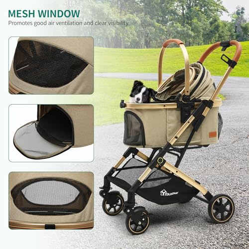 YITAHOME Hundewagen 3 in1 Hundebuggy Transporttasche, Faltbar klappbar Katzenwagen, Bis 15,9kg, 360°Verschleißfeste Gummiräder, Ablagekorb, Netzfenstern Getränkehalter, für Hunde & Katzn (Beige)