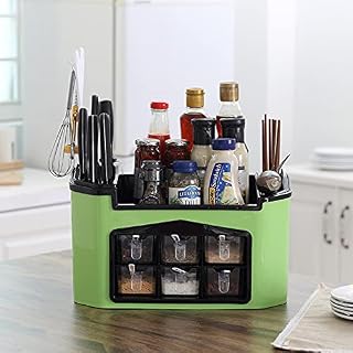 Organizador de especias con soporte para cuchillos y palillos, almacenamiento de color verde para condimentos, latas, botellas, tarros, condimentos y utensilios de cocina