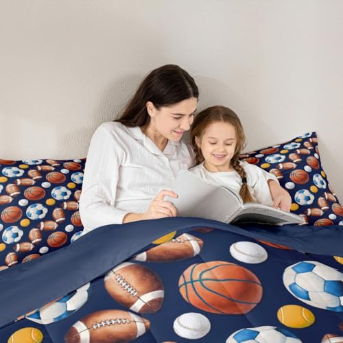 Image of Feelyou Soccer Football Comforter Set Queen Size Basketball Baseball Softball Sport Theme Bedding Set for Kids Boys Girls Navy Blue Duvet Quilt Bedroom Decor Microfiber 3 Pcs with 2 Pillow Cases