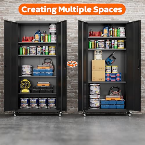 Aobabo 73\'\'H Metal Garage Storage Cabinet with Wheels, Locking Steel Storage Cabinet, Rolling Tool Storage Cabinet for Garage,Office, Assembly Required, Black