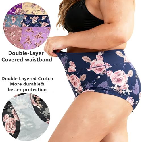Image of Womens Underwear XL-5XL Plus Size Ladies Panties Mid High Waist Briefs for Woman Floral Print Pantys 6-Pack