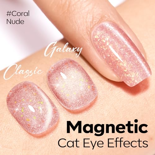 Image of modelones Nude Cat Eye Pink Gel Polish 9D Cateye with Magnet Gold Glitter Gel Nail Polish Shimmer U V Soak Reflective Translucent Jelly Gel Magnetic Nail Polish 15 ML