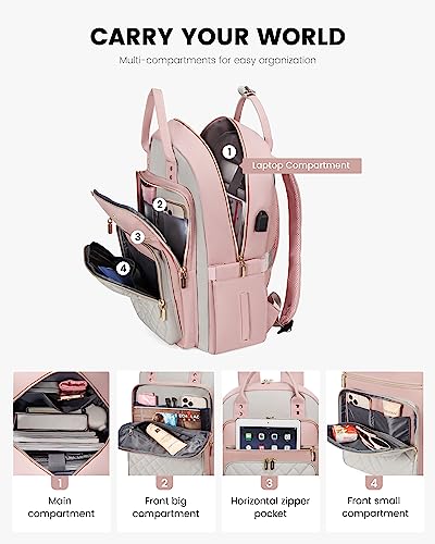 Image of LOVEVOOK Laptop Backpack, D-Pink-Grey, 15.6in Laptop Compartment, 26L Capacity, 18 Pockets, Ergonomic Shoulder Straps, USB Charging Port