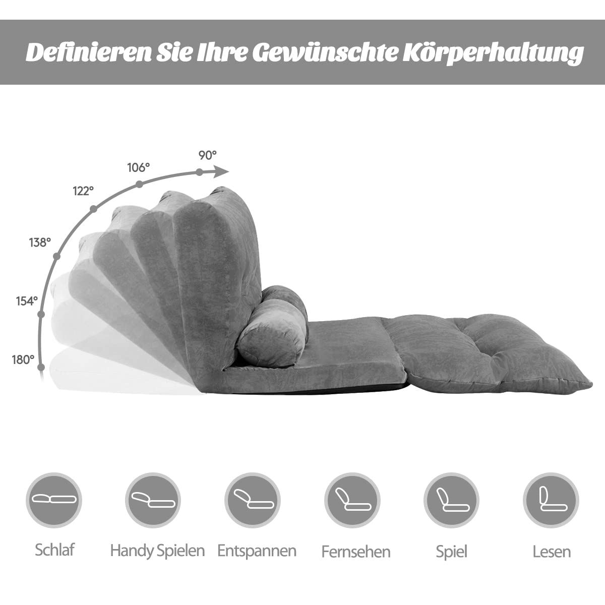 COSTWAY Lazy sofa met 2 kussens, slaapbank met 6 standen verstelbare rugleuning, inklapbaar, vloerbank voor slaapkamer, woonkamer en balkon (blauw