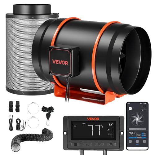 VEVOR Kit Ventilateur de Gaine à Flux Mixte avec Filtre à Charbon 1372 m³/h, Extracteur d'air en Ligne 203 mm pour Tente de Culture, Moteur EC, 10 Vitesses,...