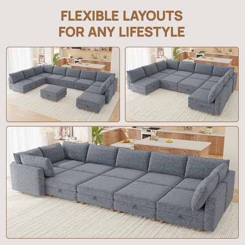 Image of 99 inch Modular Sectional Sleeper Sofa Bed with Storage & Washable Covers, 10-Seater Chenille Modular Sofa Bed with Movable Ottoman Chaise, Convertible Sleeper Sectional Couches for Living Room, Gray