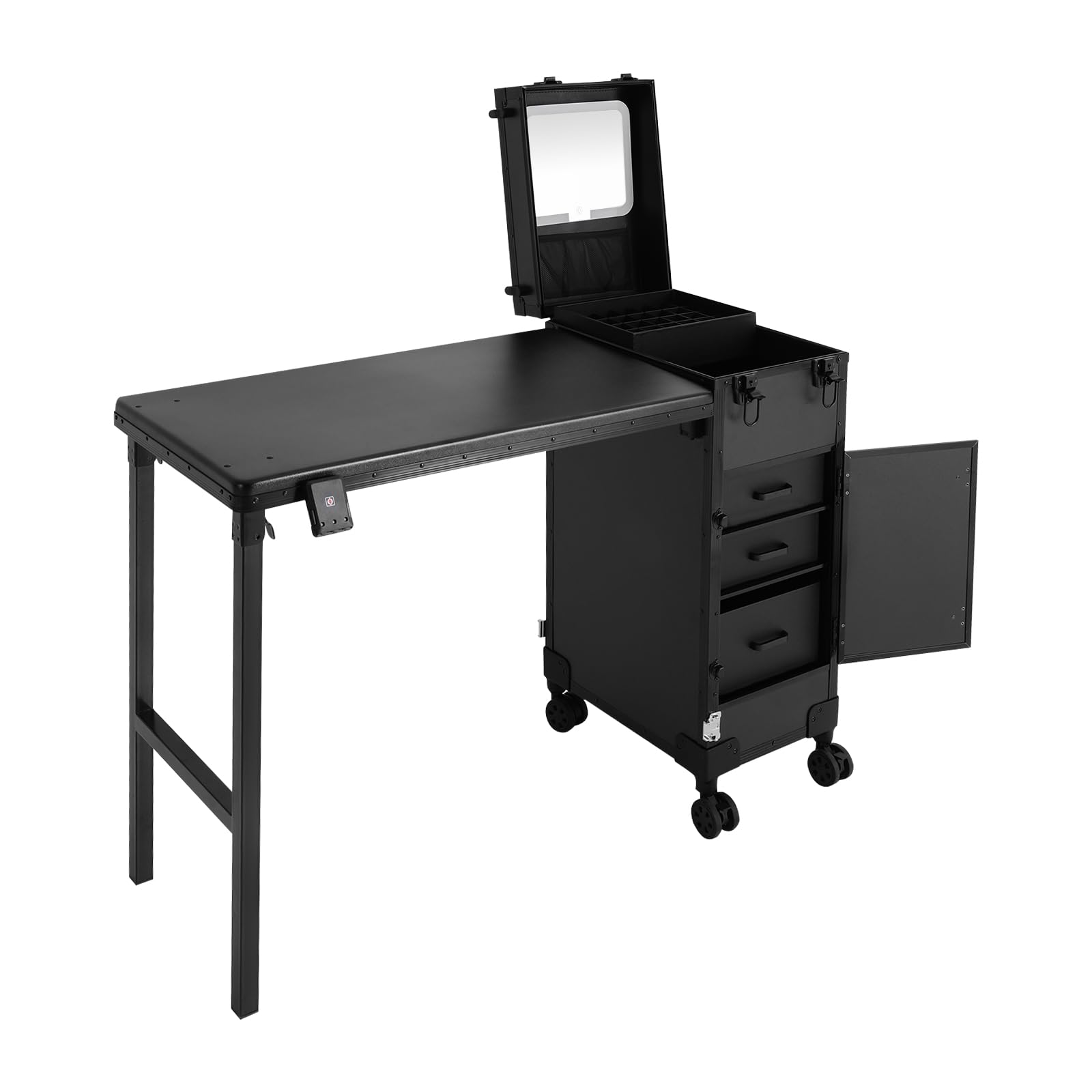 Rolling Portable Manicure Table with 3 Drawers, Lockable Makeup Case with Foldable Nail Desk, Wheels &amp; LED Mirror Portable Nail Art Station for Makeup Artists, 110lbs Load Capacity