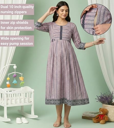 Image of DUMMY SHAPE Pregnancy Dresses for Women Cotton | Floral Anarkali Flare Kurta with Dual Nursing Zippers | Pregnancy & Breastfeeding | Feeding Kurtis | Baby Shower | Gifts for Pregnant Woman