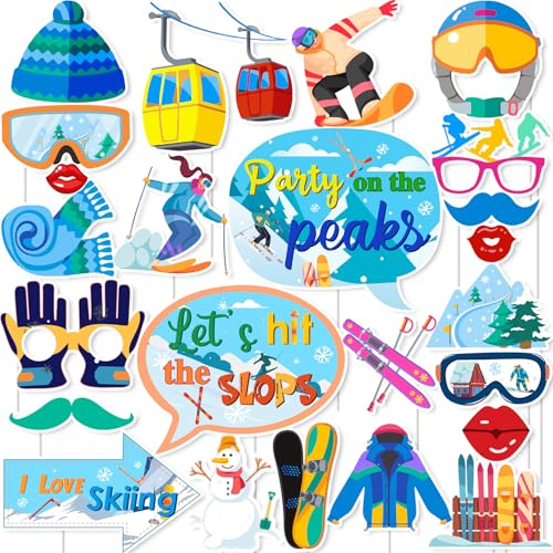 Kreatwow 24pcs Ski Photo Booth Prop Ski Themed Party Decorations Snow Ski Party Decor Ski Birthday Party Decoration Snowboarding Party Decoration Winter Sports Decorations for Snow Skier Lover