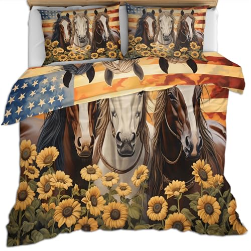HYGIUID Juego de ropa de cama con diseño de caballos y flores, con 2 fundas de almohada, diseño de bandera estadounidense, suave, ligero, fácil cuidado para habitaciones de invitados de adultos (King