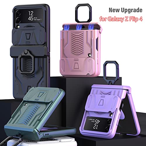 Kumwum Z Flip 4 Case, Phone Case For Samsung Galaxy Z Flip 4 Heavy Duty Protective With Slide Camera Lens Cover & 360° Rotate Ring Holder Hinge Protection For Galaxy Z Flip 4 - Purple #TOP1