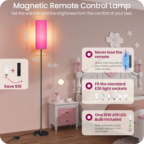 Image of Dimmable Purple Floor Lamp for Living Room with Remote and Foot Switch, Corner Floor Lamp for Bedroom, 64.4 inch Standing Tall Lamp, 10W 900LM Bulb Included, 3000K-6500K, Linen Shade, FCC Listed Z06LD05W1