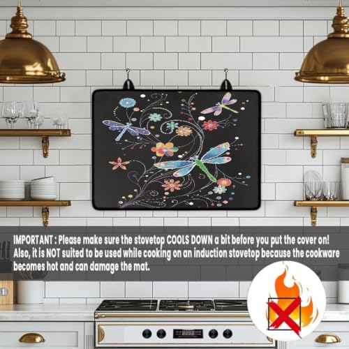Image of Glass Ceramic Top Stove Cover Heat Resistant Flat Top Stove Cover Mat Induction Cooktop Protector Mat with Non-Slip Rubber Backing, 29 x 21 Inch, Dragonfly Floral Black