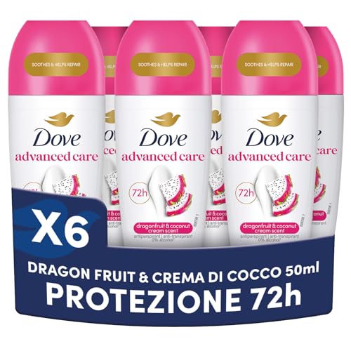 Dove Deodorante Roll On Advanced Care Dragon Fruit & Coconut Cream, Deodorante 48 Ore Protezione Sudore e Odori, Formula Idratante e Delicata, Ripara la Pelle dopo la Rasatura, 6 Pezzi da 50 ml