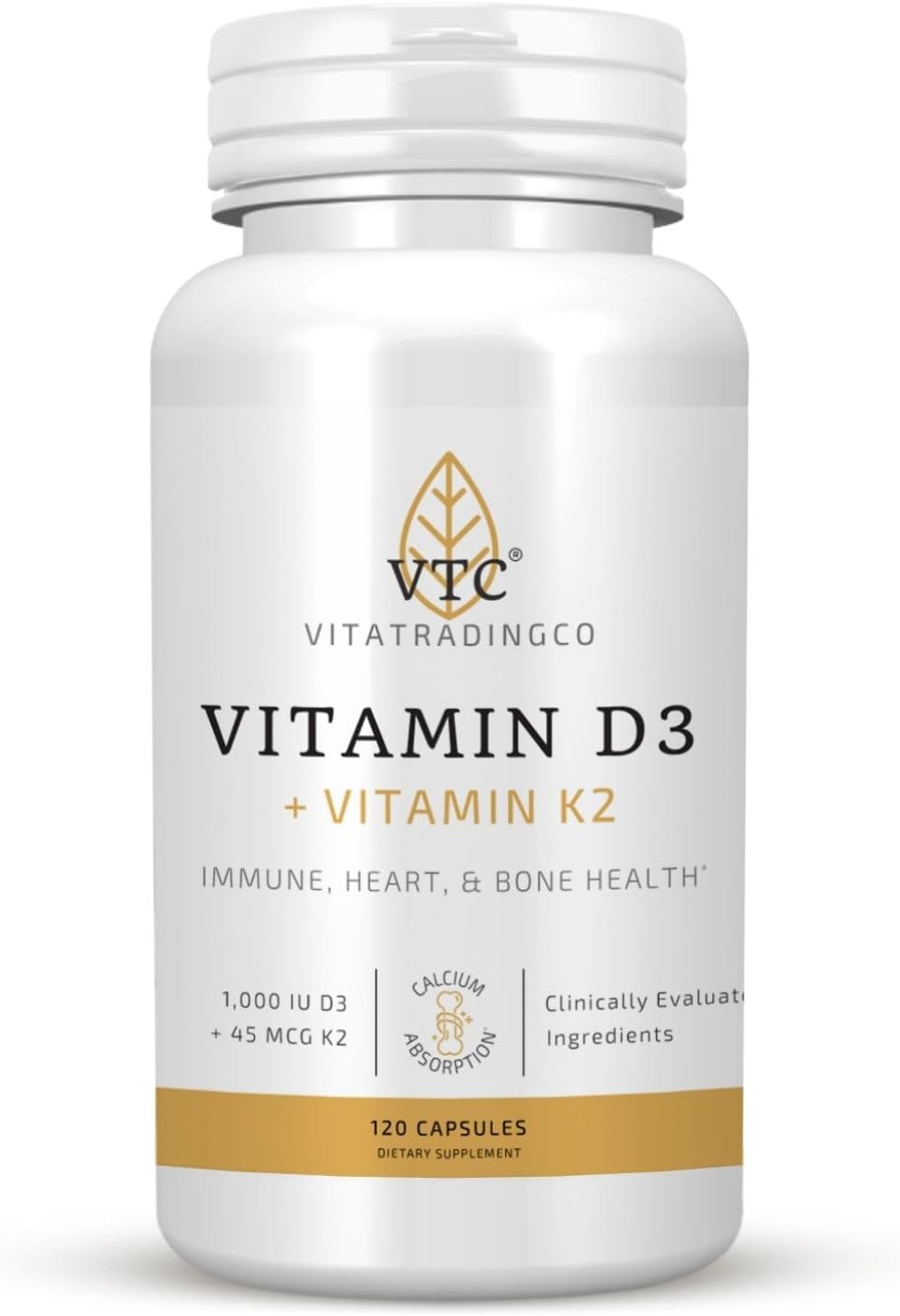 VTC VitaTradingCo. Vitamin D3 + K2 | High Potency, Bioactive Forms | 1000iu D3 + 45mcg MK-4 K2 | Boost Calcium Absorption | Immune, Heart, & Bone Support | 120 Capsules