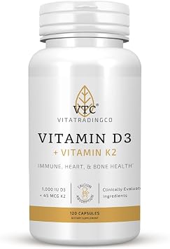 VTC VitaTradingCo. Vitamin D3 + K2 | High Potency, Bioactive Forms | 1000iu D3 + 45mcg MK-4 K2 | Boost Calcium Absorption | Immune, Heart, Bone Support | 120 Capsules