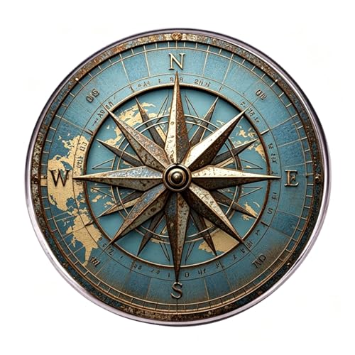 Vintage Nautical Compass Rose Brooch Pin, Antique Style, Blue and